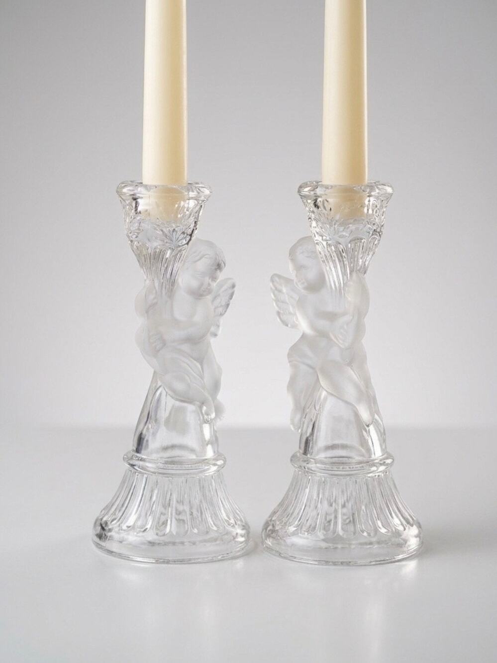 Vintage Frosted Clear Glass Cherub Candlestick Holders Pair Angel granmillenial
